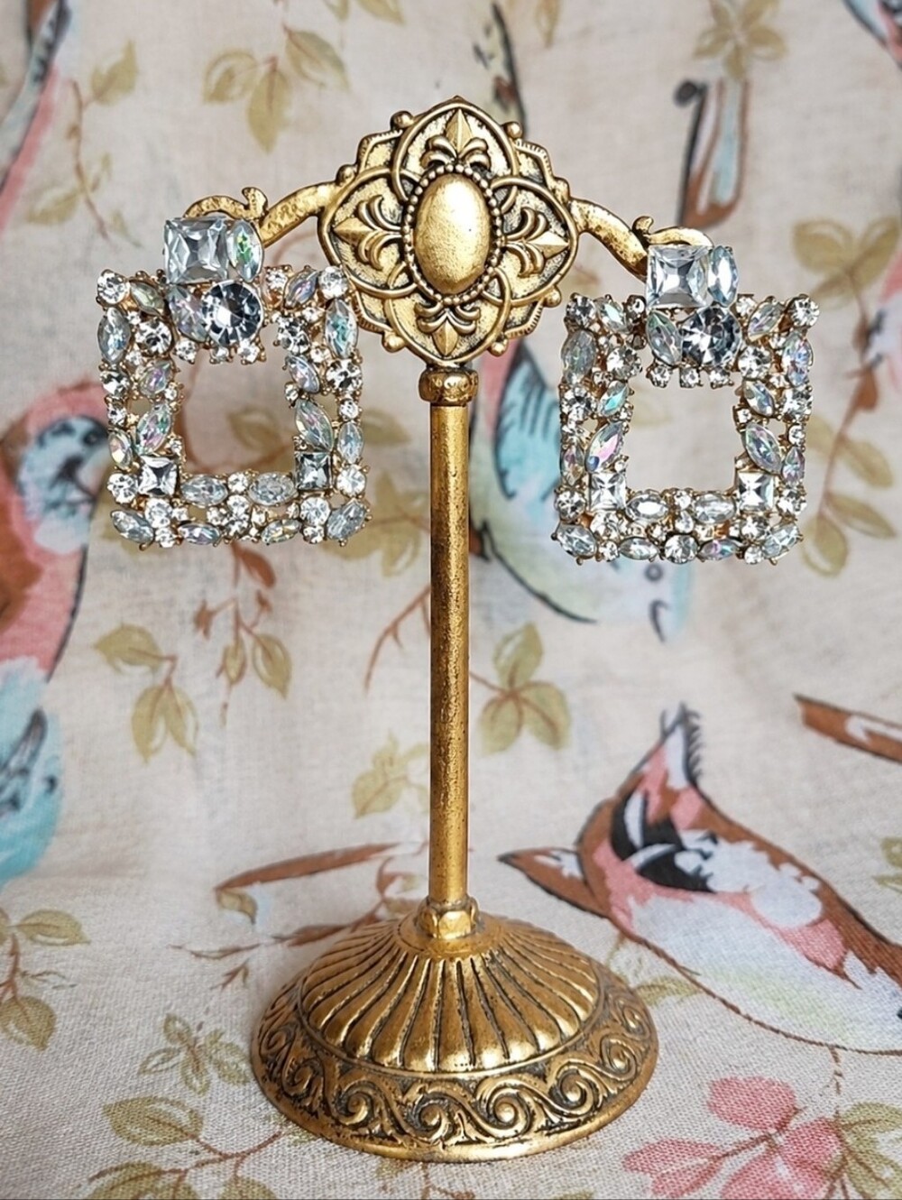 Clear Aurora Borealis Rhinestones Square Gold Tone Pierced Runway Earrings Bride